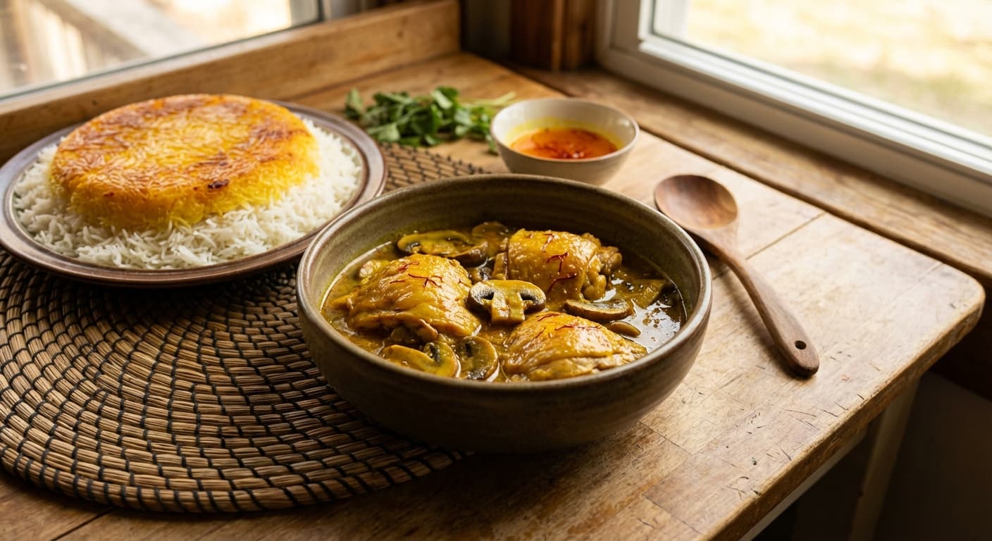 Khoresh Gharch — Persian Mushroom & Saffron Chicken Stew - authentic persian recipe