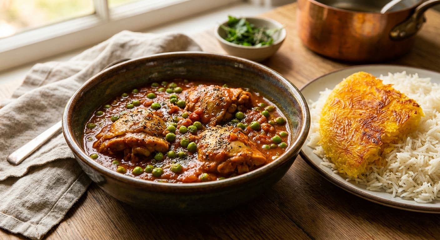 Khoresh Nokhodfarangi ba Morgh — Persian Green Pea and Chicken Stew - authentic persian recipe