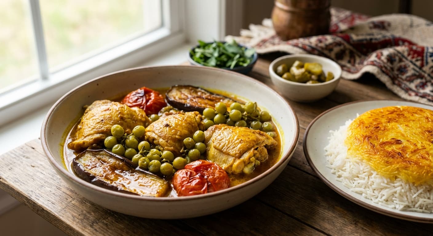 Khoresht-e Joojeh, Ghooreh va Bademjan — Persian Chicken Stew with Unripe Grapes and Eggplant - authentic persian recipe