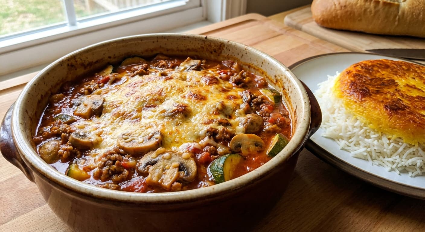 Khourek-e Goosht o Gharch — Persian Baked Meat, Mushroom & Zucchini Stew - authentic persian recipe