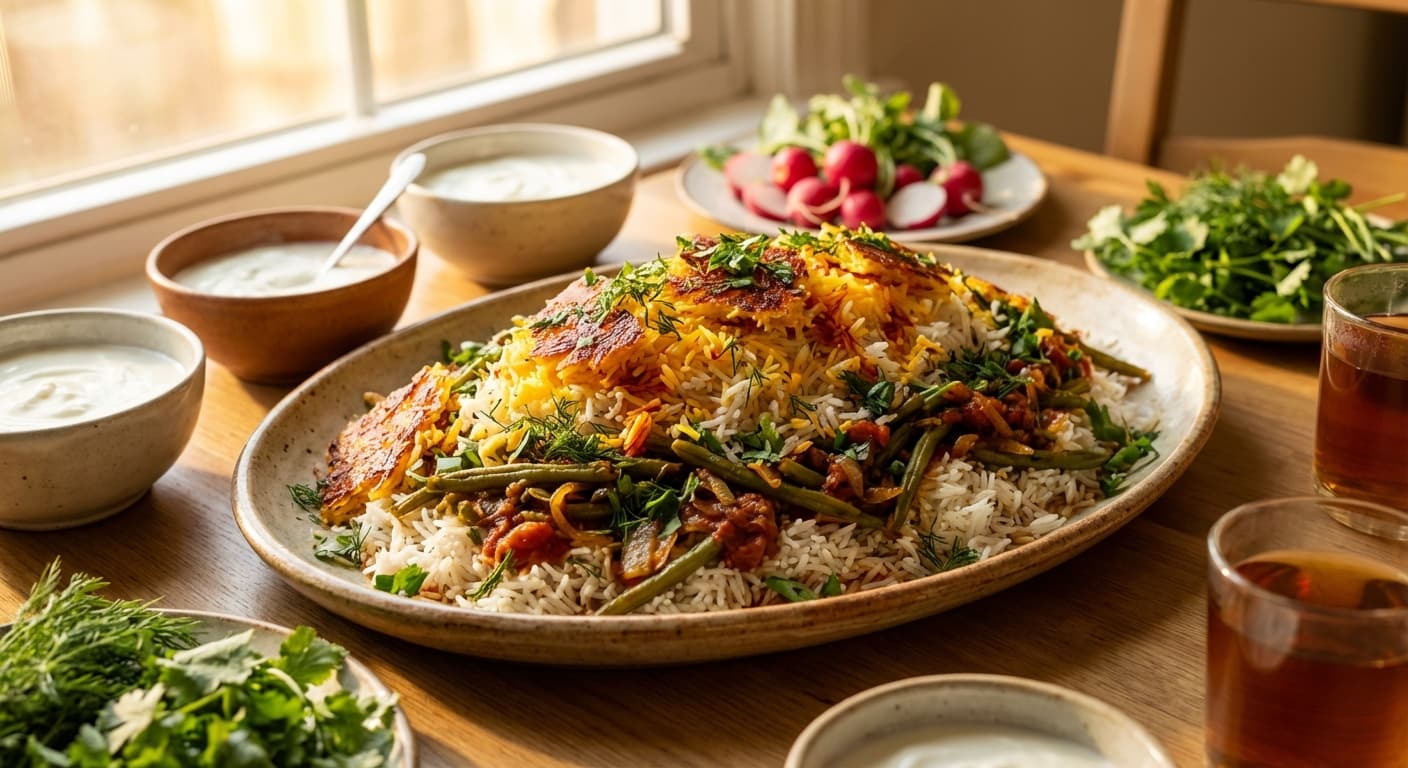 Loobia Polo ba Sabzi — Persian Green Bean and Herb Rice - authentic persian recipe