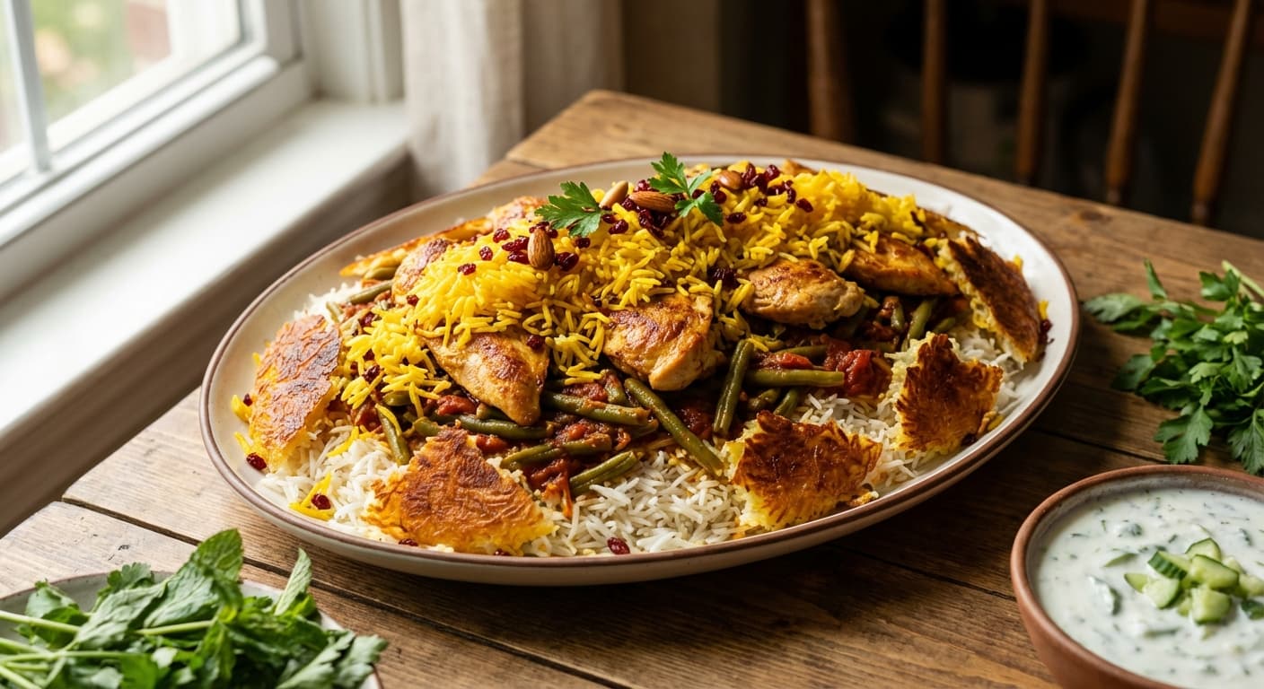 Loobia Polo ba Fileh Morgh — Persian Green Bean Rice with Chicken - authentic persian recipe