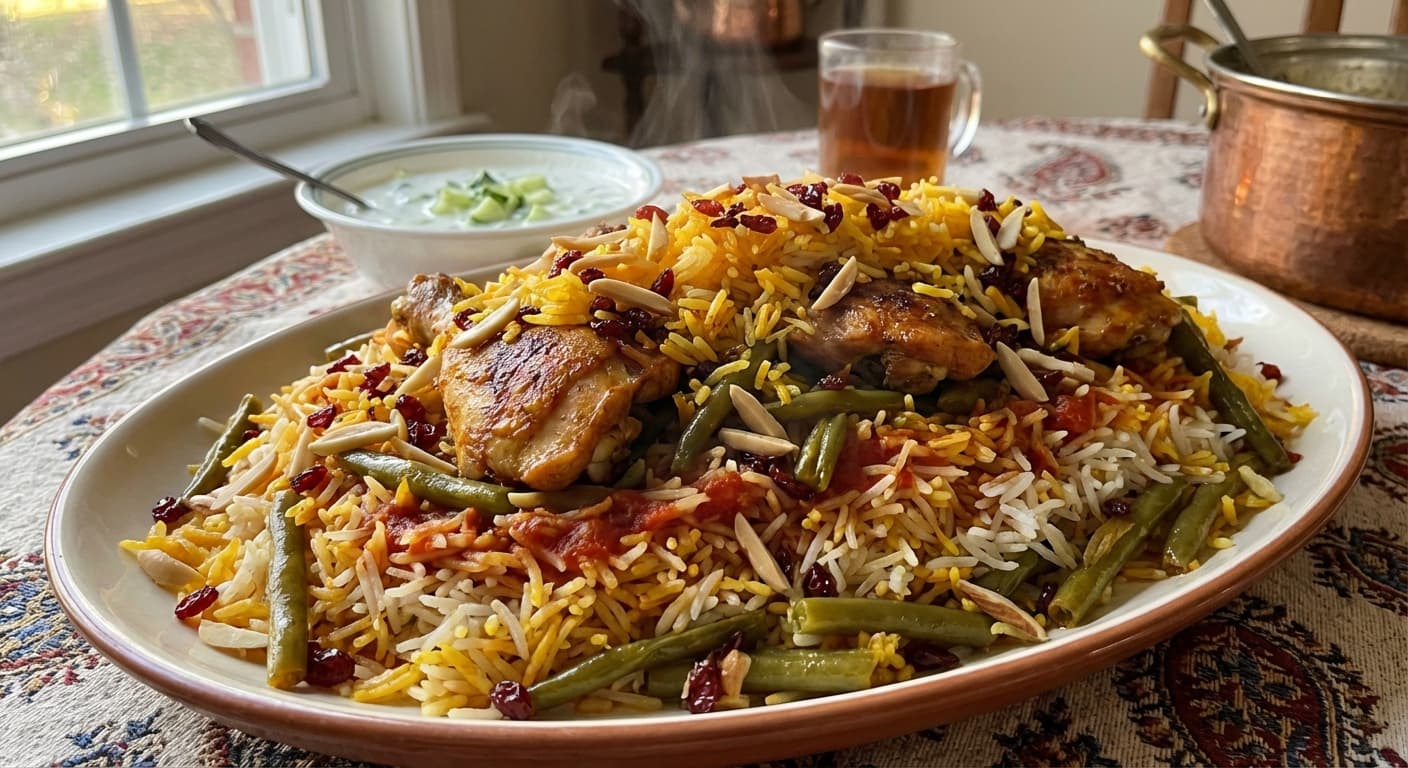 Loobia Polo ba File Murg — Persian Green Bean Rice with Chicken - authentic persian recipe