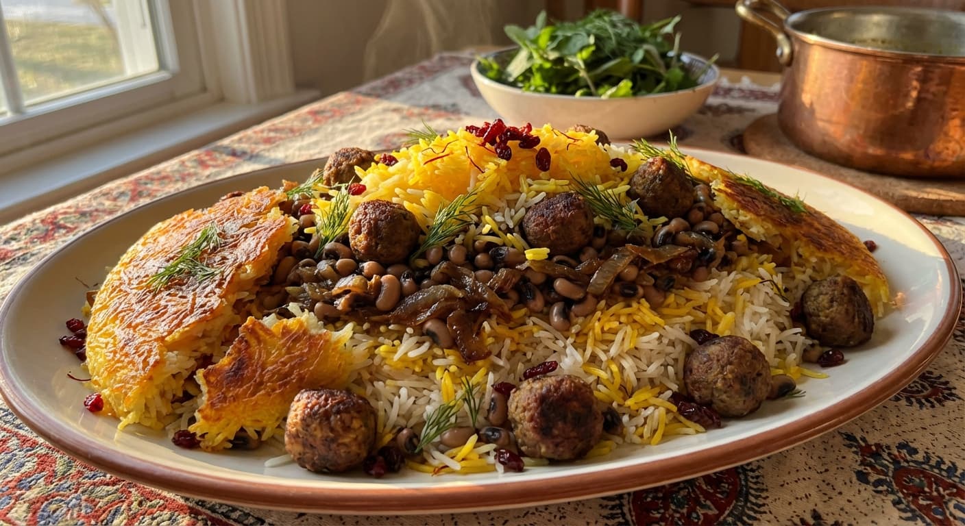 Lubia Chashm Bolboli Polo — Persian Black-Eyed Pea Rice with Savory Soy Kofta - authentic persian recipe