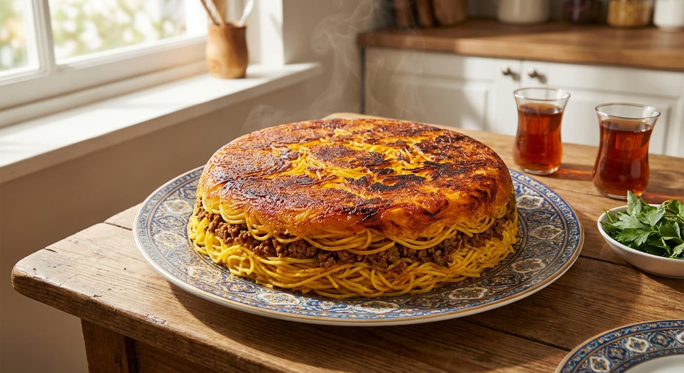 Makaroni Ghalebi — Persian Saffron-Infused Spaghetti Cake - authentic persian recipe