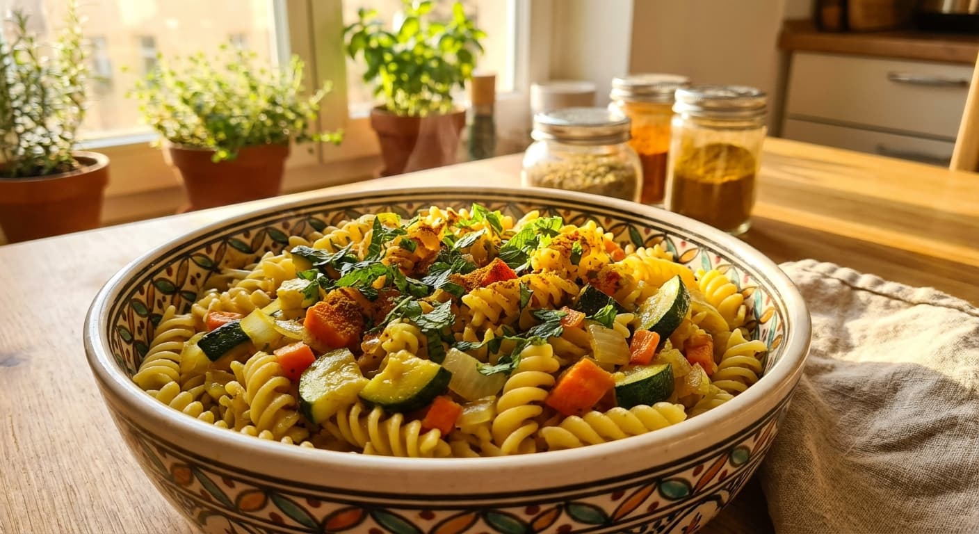 Makaronie Sabzijat ba Sos Na'na va Kari — Persian-Inspired Vegetable Pasta with Mint & Curry Sauce - authentic persian recipe
