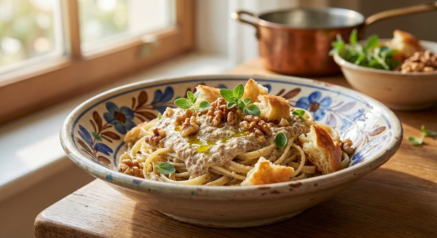 Pasta ba Sos Gerdoo — Persian Pasta with Walnut Yogurt Sauce - authentic persian recipe
