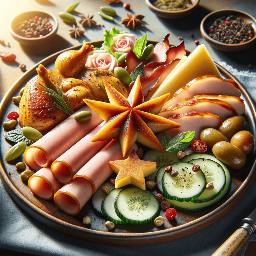 Decorative Chicken and Meat Ham Hors d’Oeuvre Platter