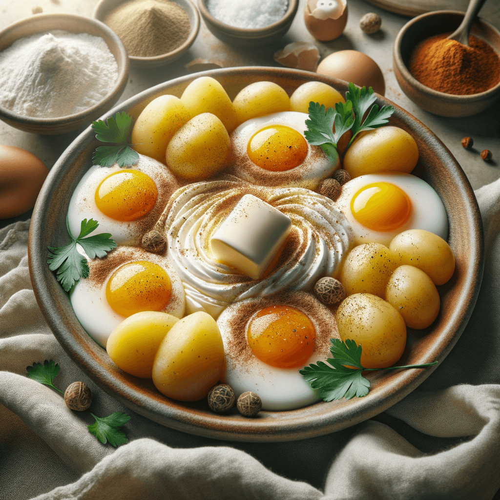 Persian-Style Eggs with Potato Dough (Tokhme Morgh ba Khomeer-e Sib Zamini)