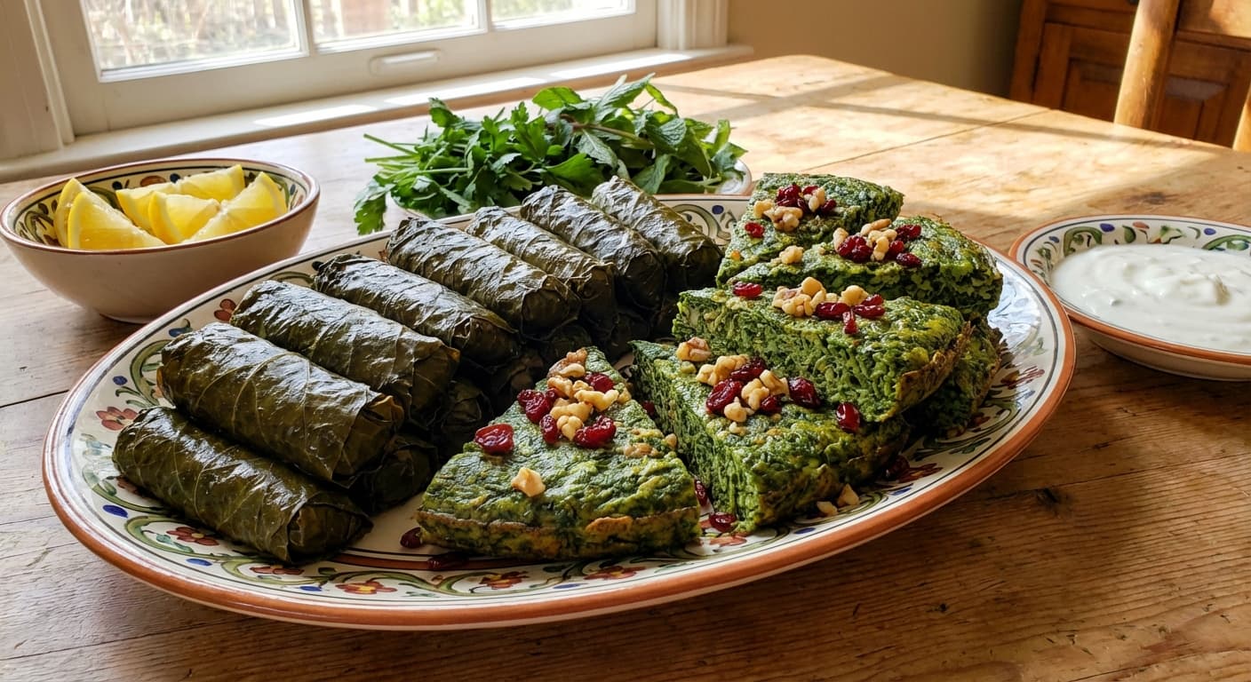 Dolmeh Barg-e Mo — Persian Stuffed Grape Leaves & Kuku Sabzi Platter - authentic persian recipe