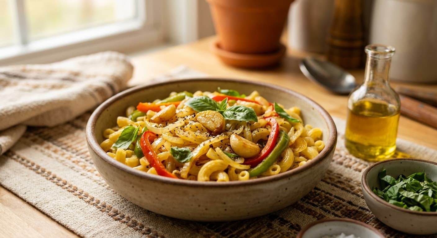 Makaronī bā Sīr va Sabzijāt — Persian-Style Garlic and Vegetable Pasta - authentic persian recipe