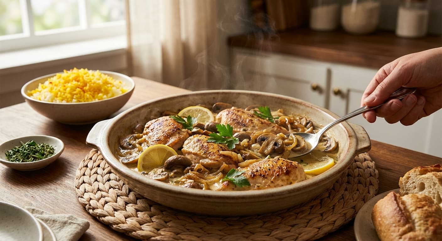 Morgh va Gharch-e Limooei — Persian-Style Lemon Chicken & Mushroom Skillet - authentic persian recipe
