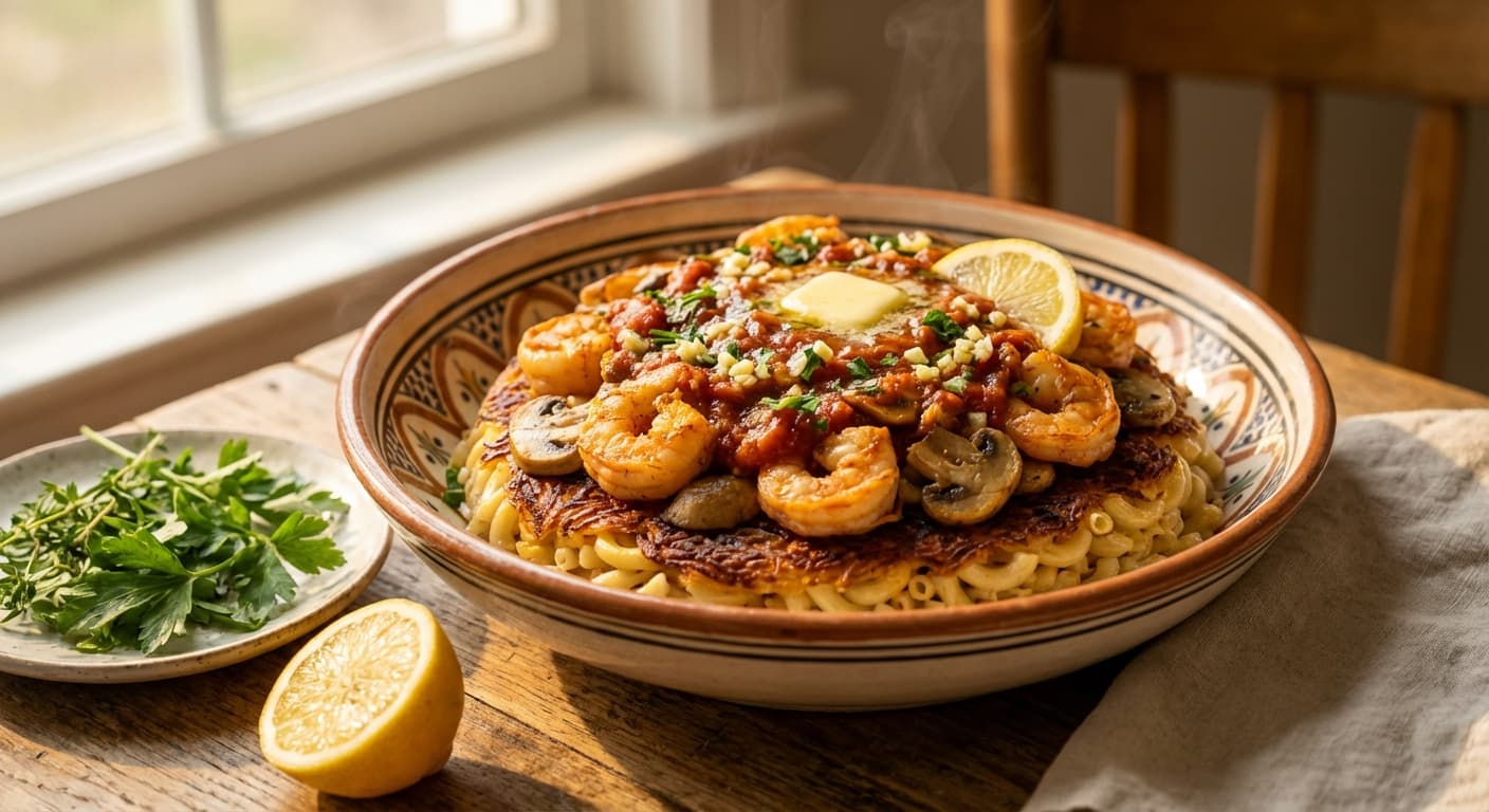 Makarooneh ba Gharch va Meygoo — Persian Macaroni with Mushrooms and Shrimp - authentic persian recipe