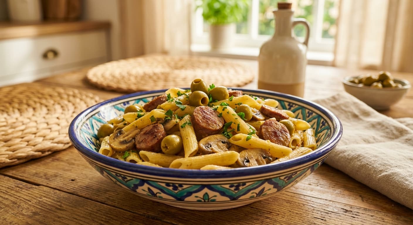 Makaroni ba Sosis va Zeytoon — Persian-Style Macaroni with Sausage and Olives - authentic persian recipe