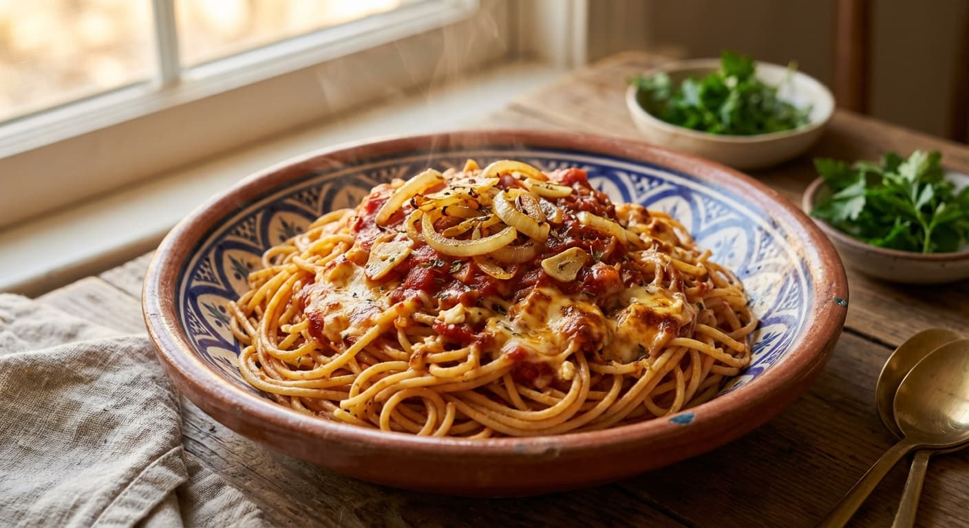 Makaroni dar Soos-e Panir va Goje Farangi — Persian-Style Pasta with Tomato and Cheese Sauce - authentic persian recipe