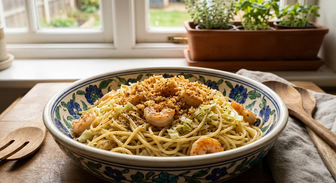Makaroni ba Meygoo va Nan — Persian-Style Shrimp Pasta with Toasted Breadcrumbs - authentic persian recipe