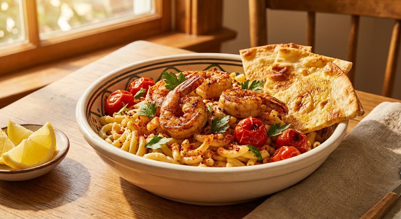 Makaroni ba Meygoo va Nan — Persian-Style Shrimp Pasta with Crispy Bread - authentic persian recipe