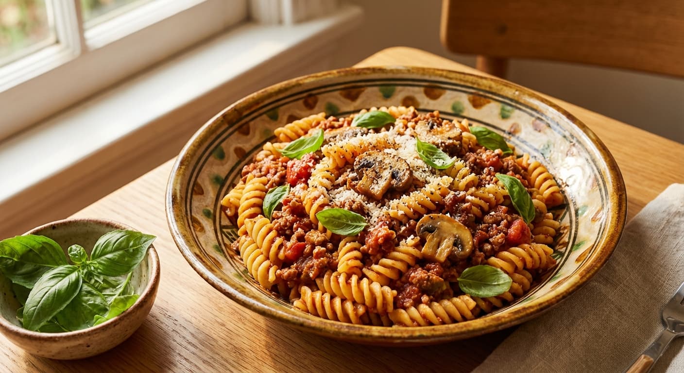 Makaroni Pich ba Gharch va Reyhan — Persian Spiral Pasta with Mushrooms and Basil - authentic persian recipe