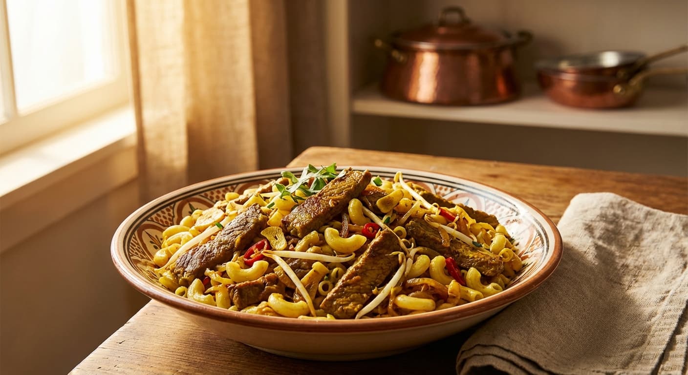 Makaroni ba Goosht-e Gousaleh — Persian-Style Veal & Sprout Stir-Fry - authentic persian recipe