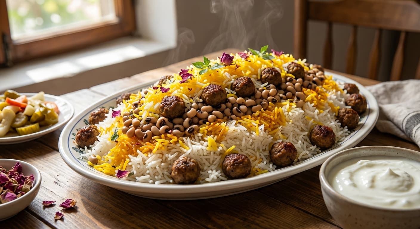 Polow-e Cheshm Bolboli ba Koofteh Rizeh — Persian Rice with Black-Eyed Peas and Soy Mini Meatballs - authentic persian recipe