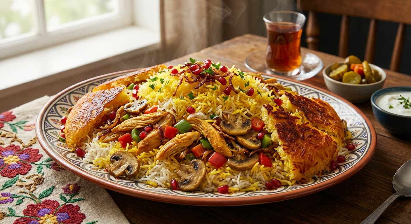 Polow-e Gharch va Morgh — Persian Mushroom and Chicken Pilaf - authentic persian recipe