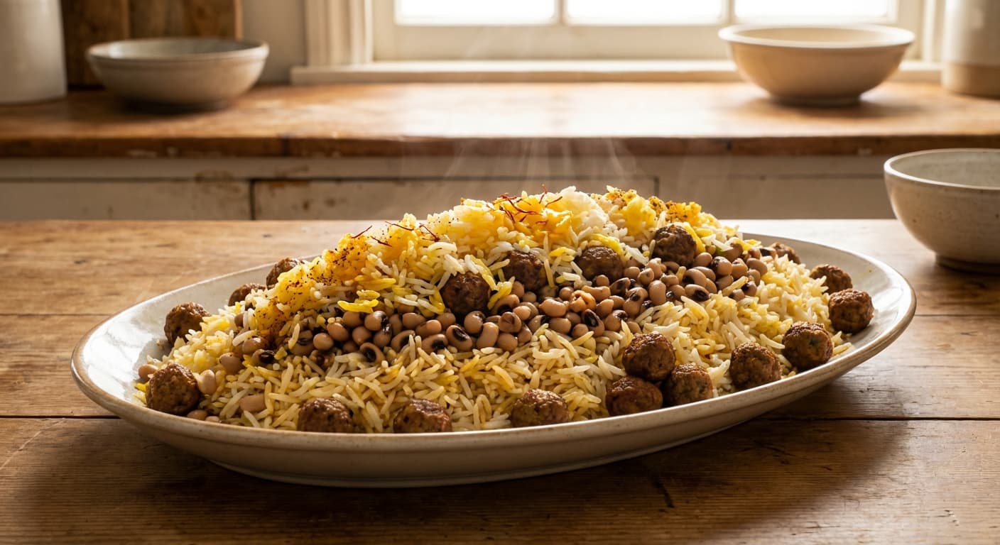 Polow-e Loobia ba Koofteh Rizeh — Persian Rice with Black-Eyed Peas and Mini Soy Meatballs - authentic persian recipe
