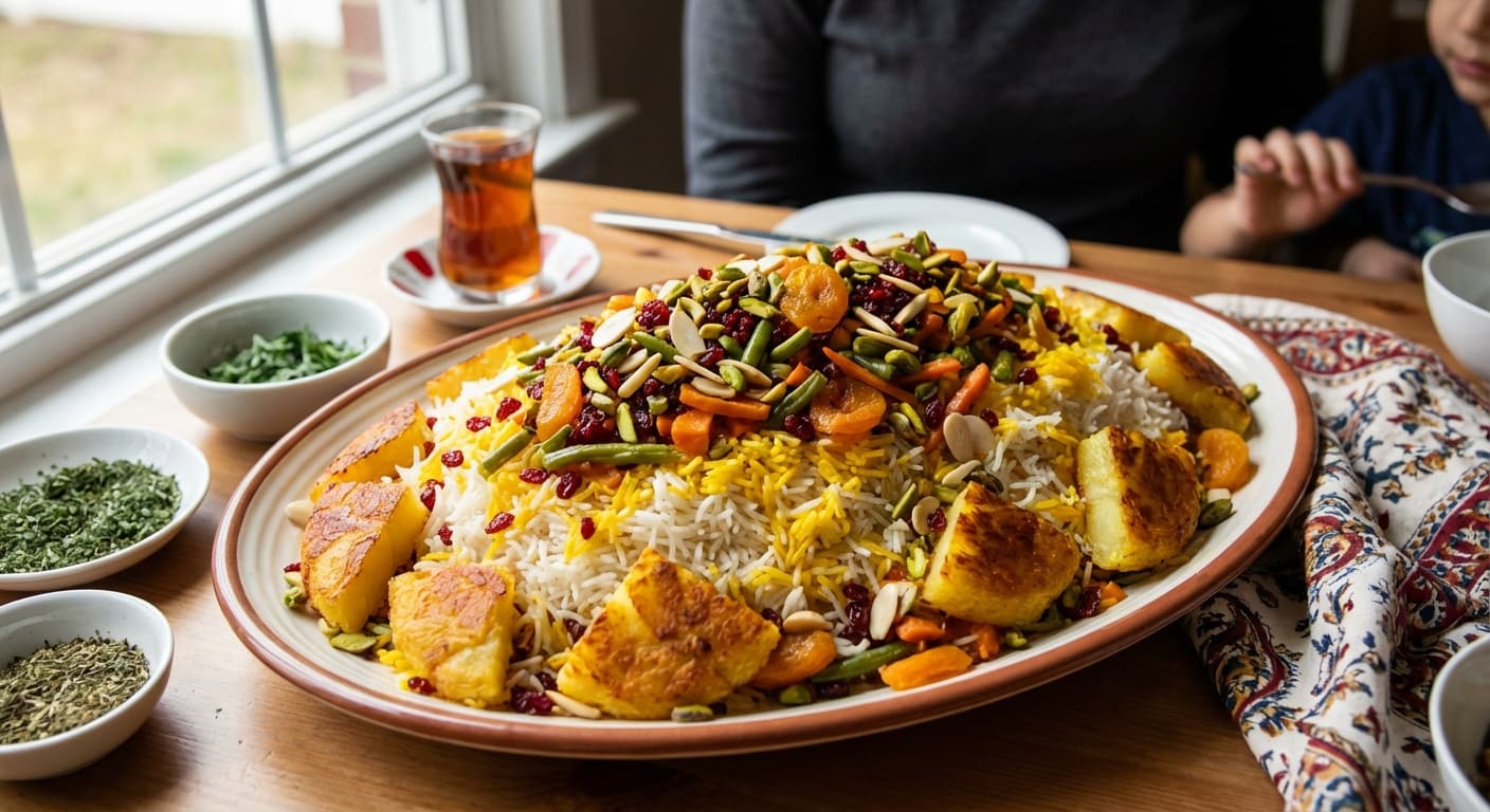 Polow Zaferani Fasl — Persian Seasonal Saffron Jeweled Rice - authentic persian recipe