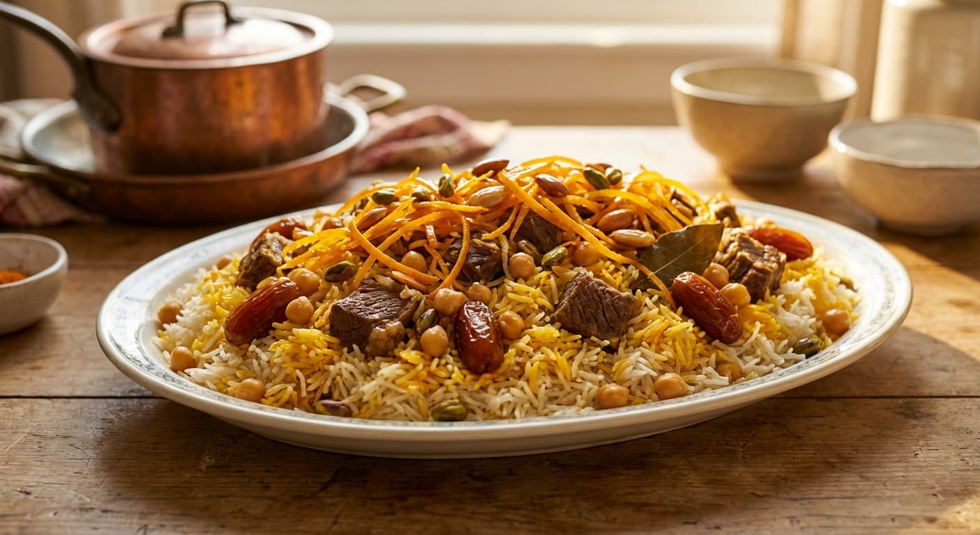 Qabuli Palaw — Afghan Spiced Rice with Meat, Chickpeas, Dates & Bitter Orange - authentic international recipe