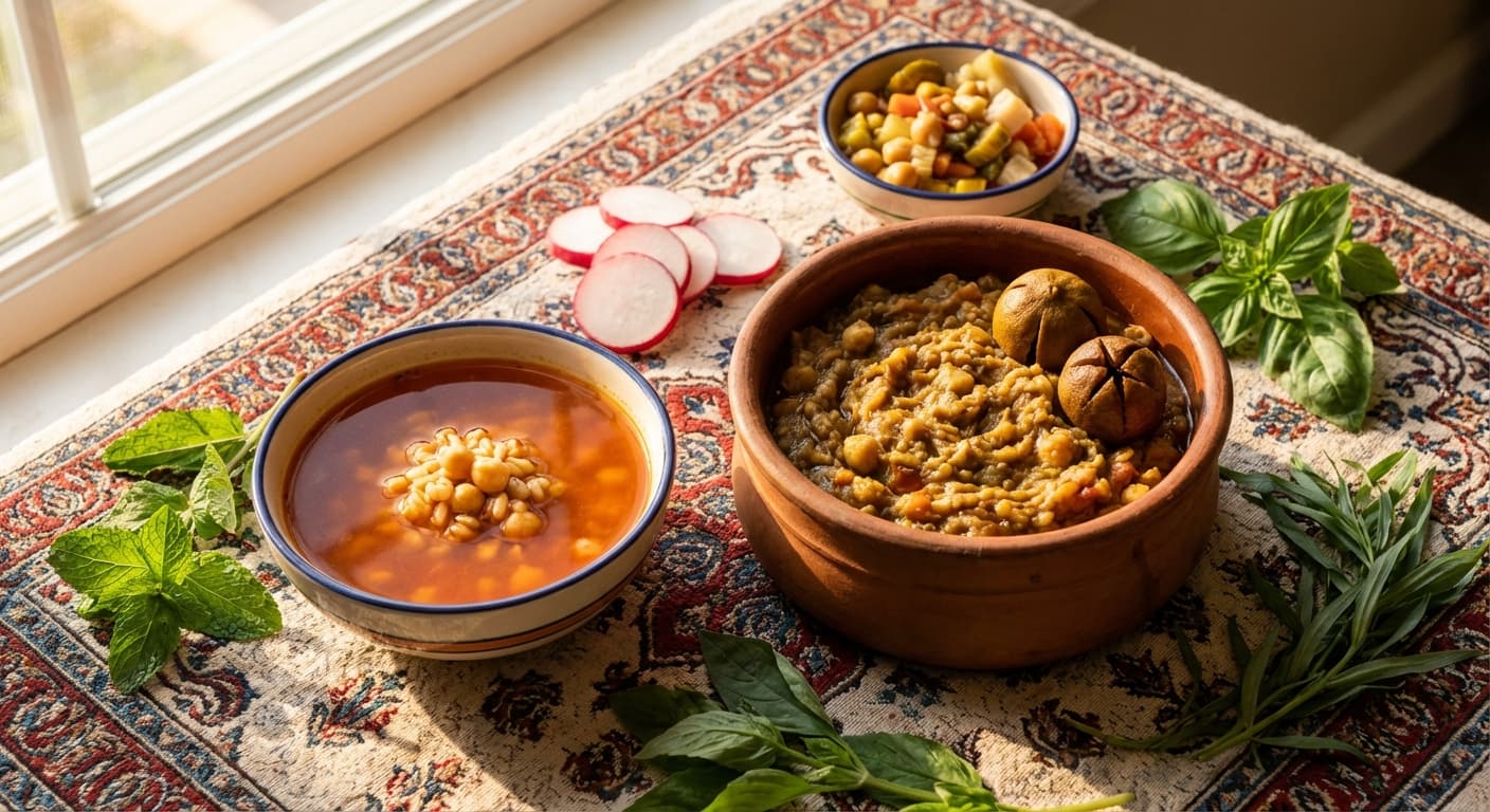 Aabgoosht-e Giahi — Persian Vegetarian Stone Soup with Legumes and Dried Lime - authentic persian recipe