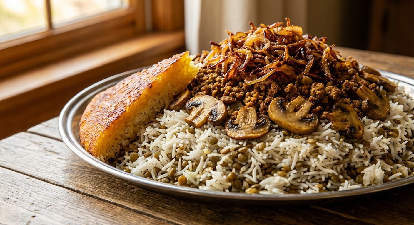 Adas Polo ba Gharch - Persian Lentil Rice with Mushrooms - authentic persian recipe