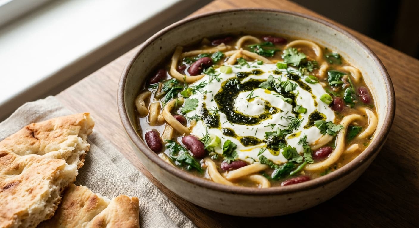 Aush — Afghan Noodle Soup with Kidney Beans and Yogurt - authentic afghan recipe