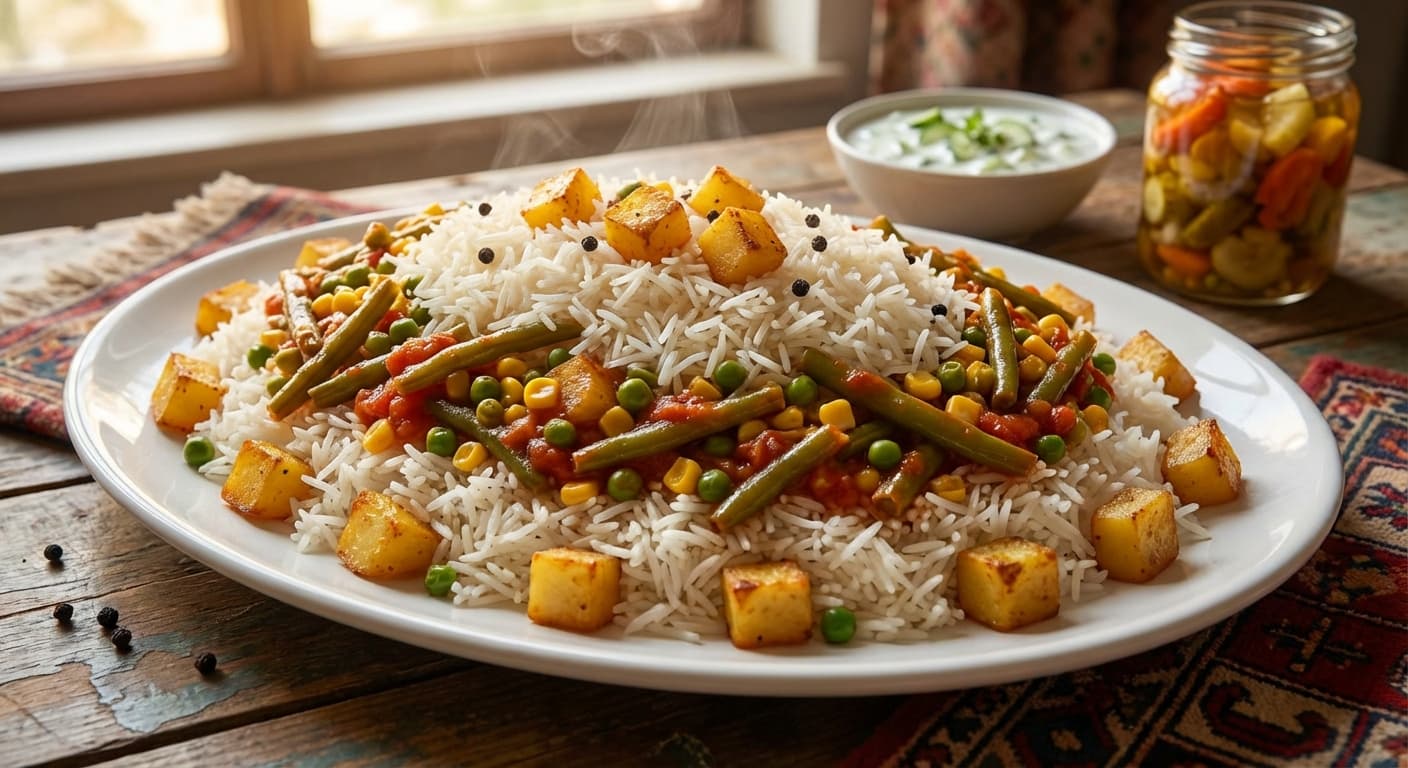 Afghan Seasonal Vegetable Polo — Fragrant layered rice with market vegetables - authentic afghan recipe