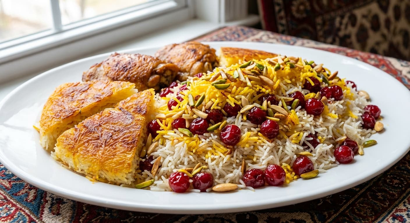 Albaloo Polo — Persian Sour Cherry Saffron Rice with Chicken - authentic persian recipe