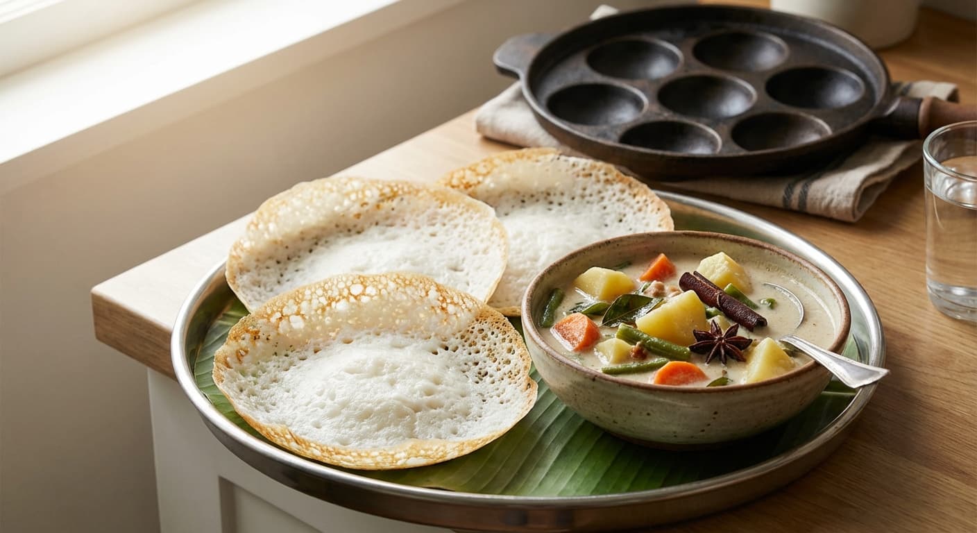 Appam with Stew — Lacy rice pancakes with coconut vegetable curry - authentic indian recipe