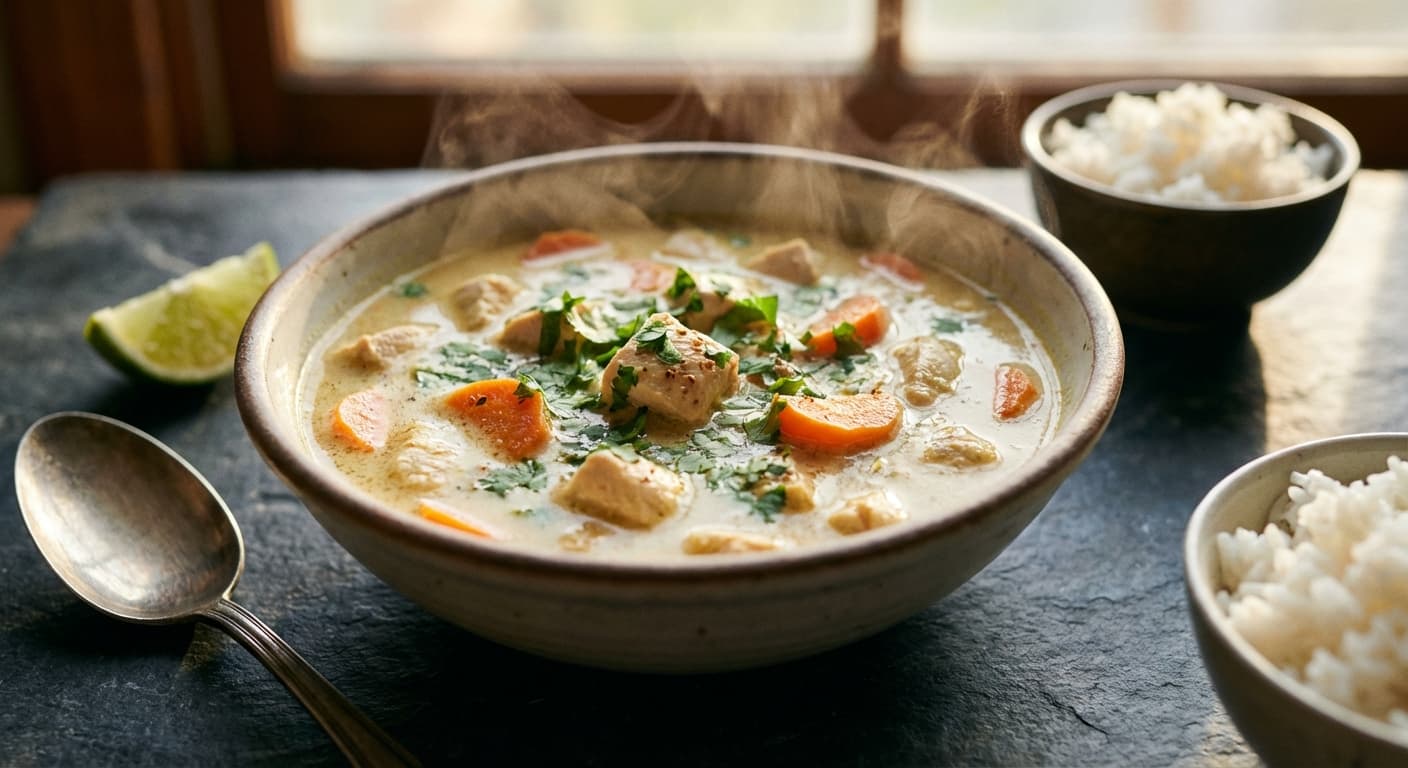 Aromatic Coconut Chicken Curry Soup — Velvety coastal-style coconut curry broth - authentic international recipe