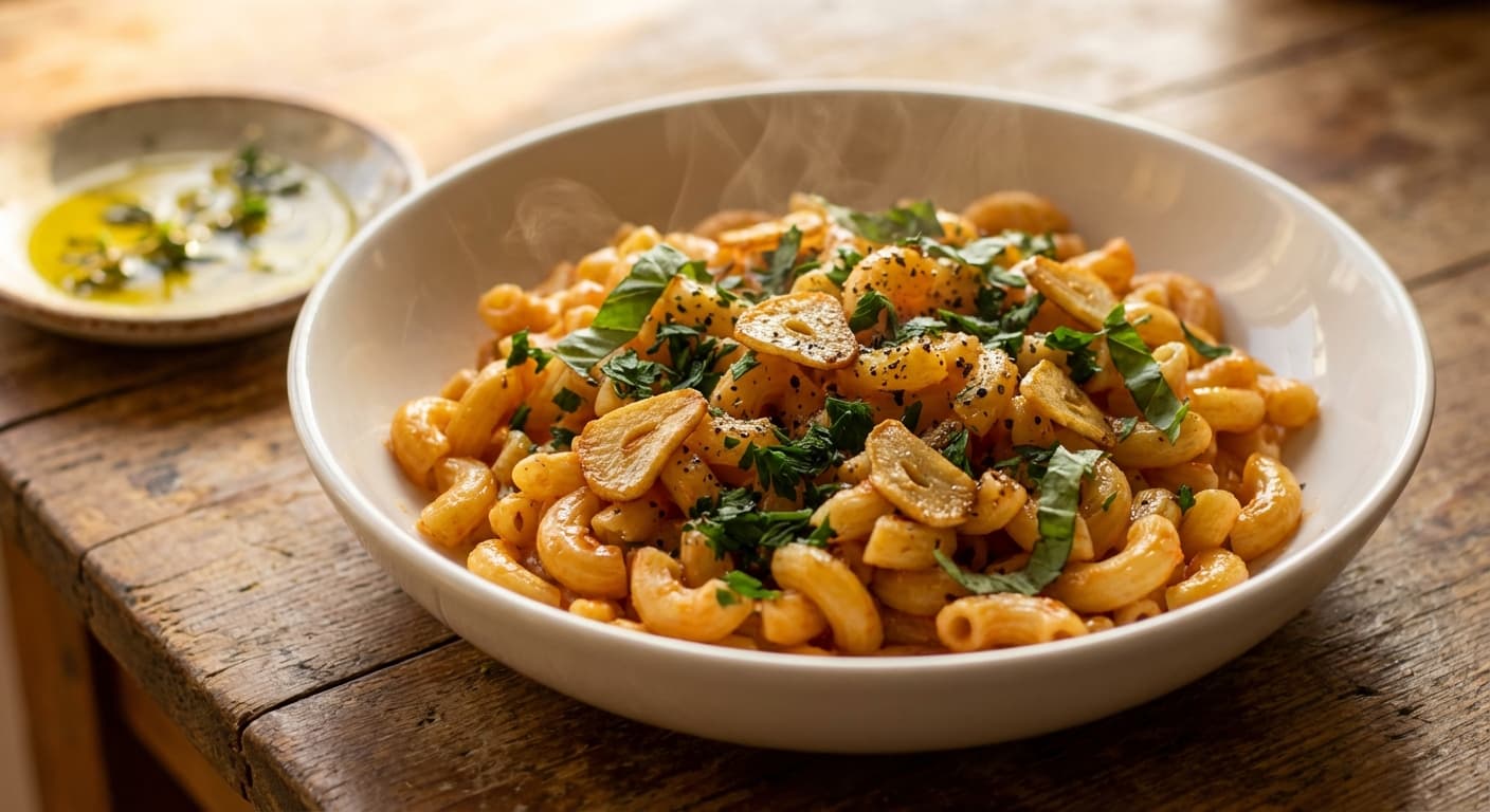 Aromatic Garlic and Fresh Herb Macaroni — Mediterranean-style herb-garlic pasta with tomatoes - authentic international recipe