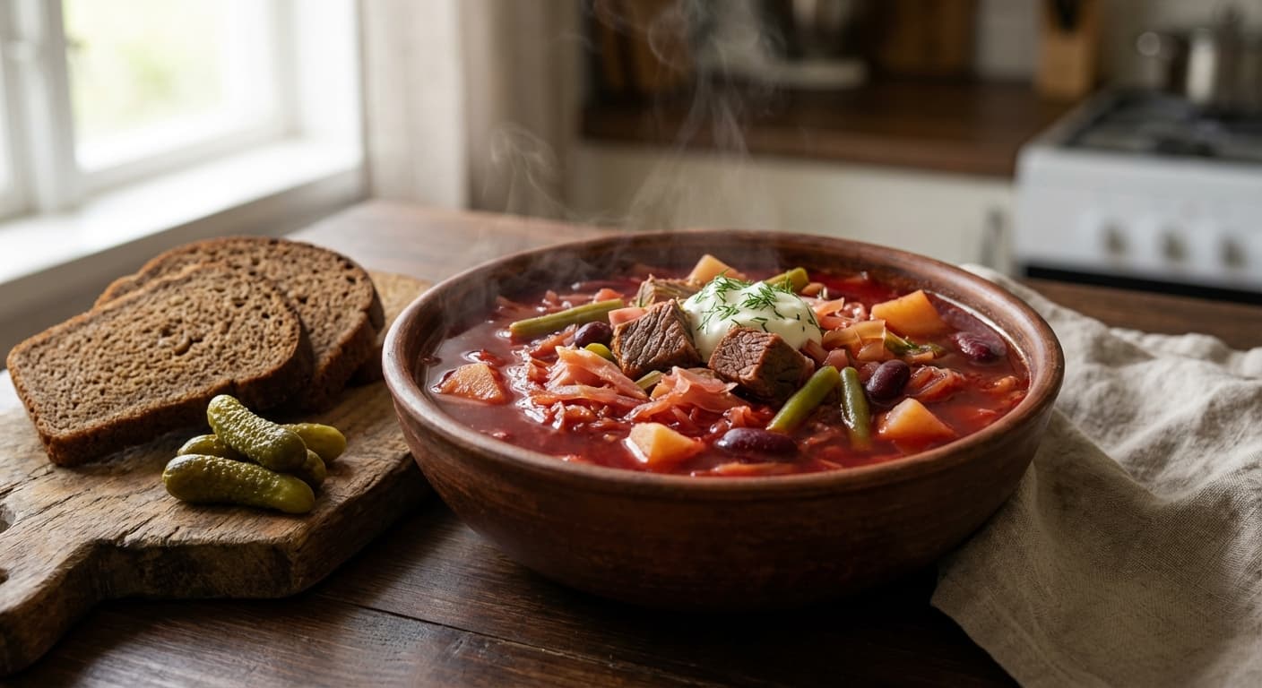 Authentic Russian Borscht — Deep crimson beet-and-beef soup - authentic international recipe