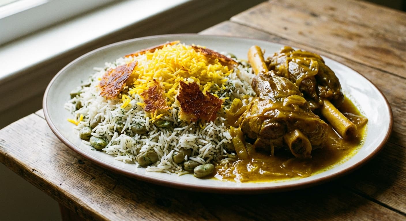 Baghala Polo ba Mahicheh — Persian Dill and Fava Bean Rice with Braised Lamb Shank - authentic persian recipe