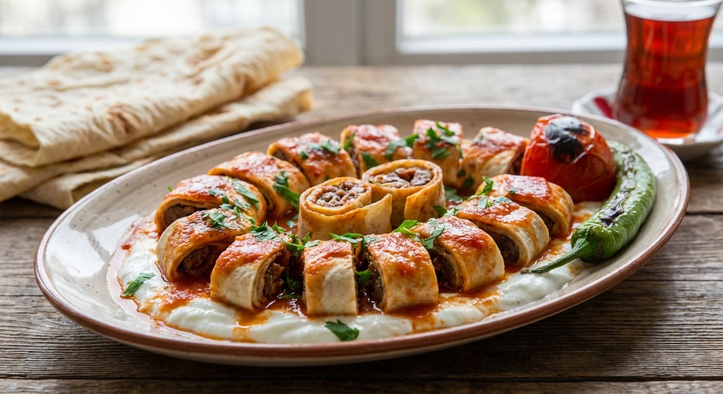 Beyti Kebab — Turkish minced lamb kebab wrapped in lavash with yogurt and tomato butter - authentic turkish recipe