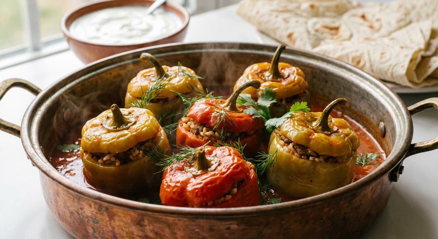 Biber Dolmasi — Azerbaijani Stuffed Bell Peppers in Tomato-Saffron Sauce - authentic azerbaijani recipe