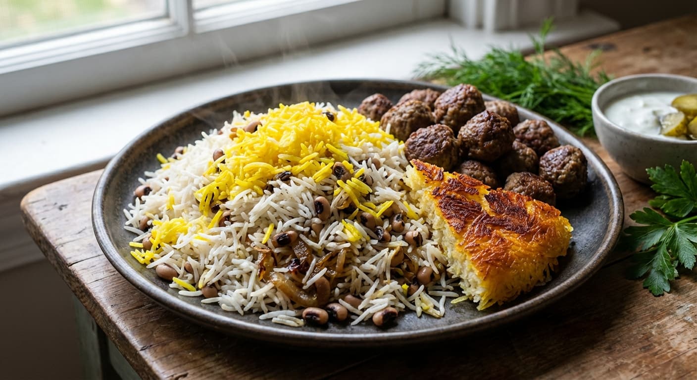 Black-Eyed Pea Rice with Mini Meatballs — Saffron rice layered with peas and spiced meatballs - authentic persian recipe