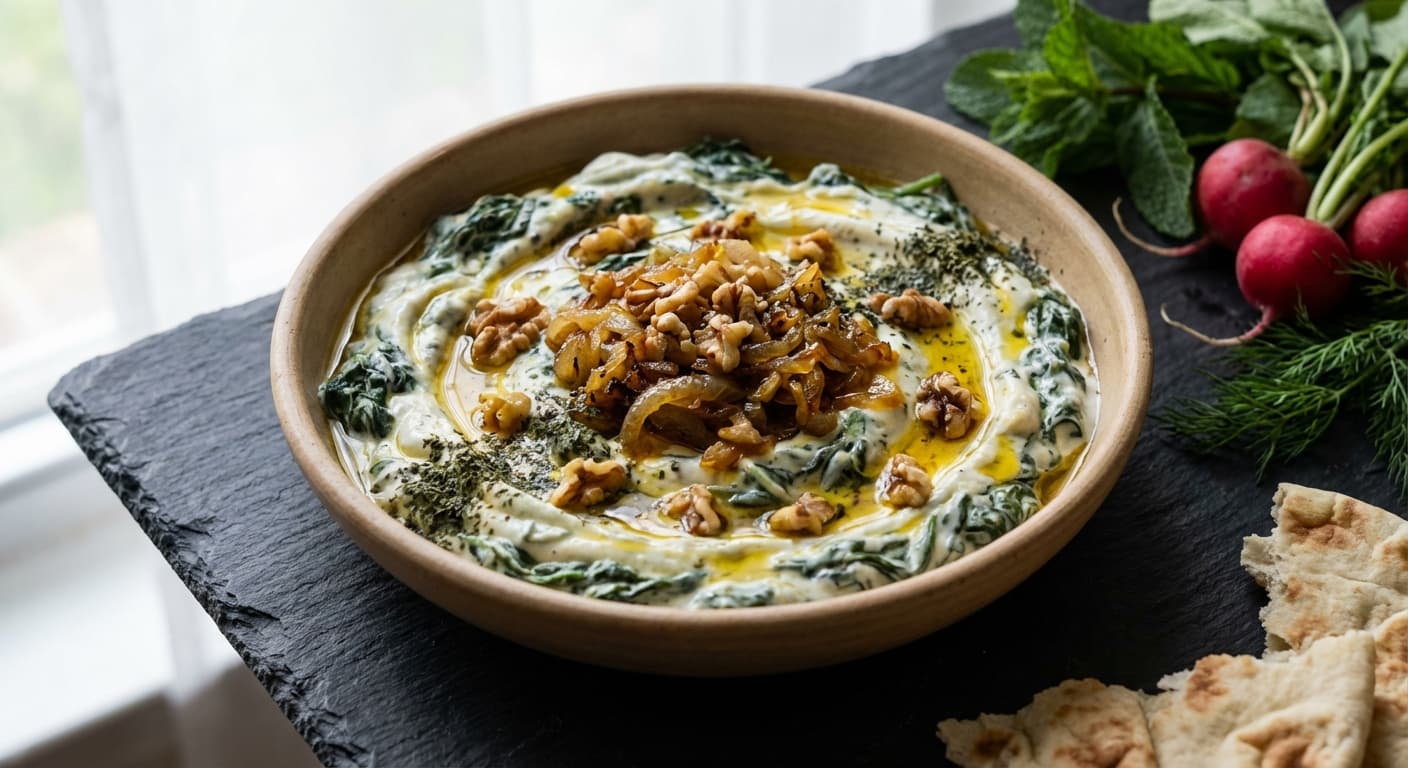 Borani Esfenaj — Persian Spinach and Yogurt Dip with Saffron and Walnuts - authentic persian recipe