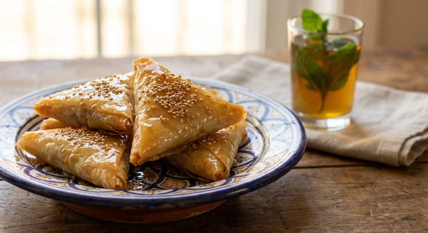 Briouat with Almonds — Moroccan Sweet Almond and Honey Phyllo Triangles - authentic moroccan recipe