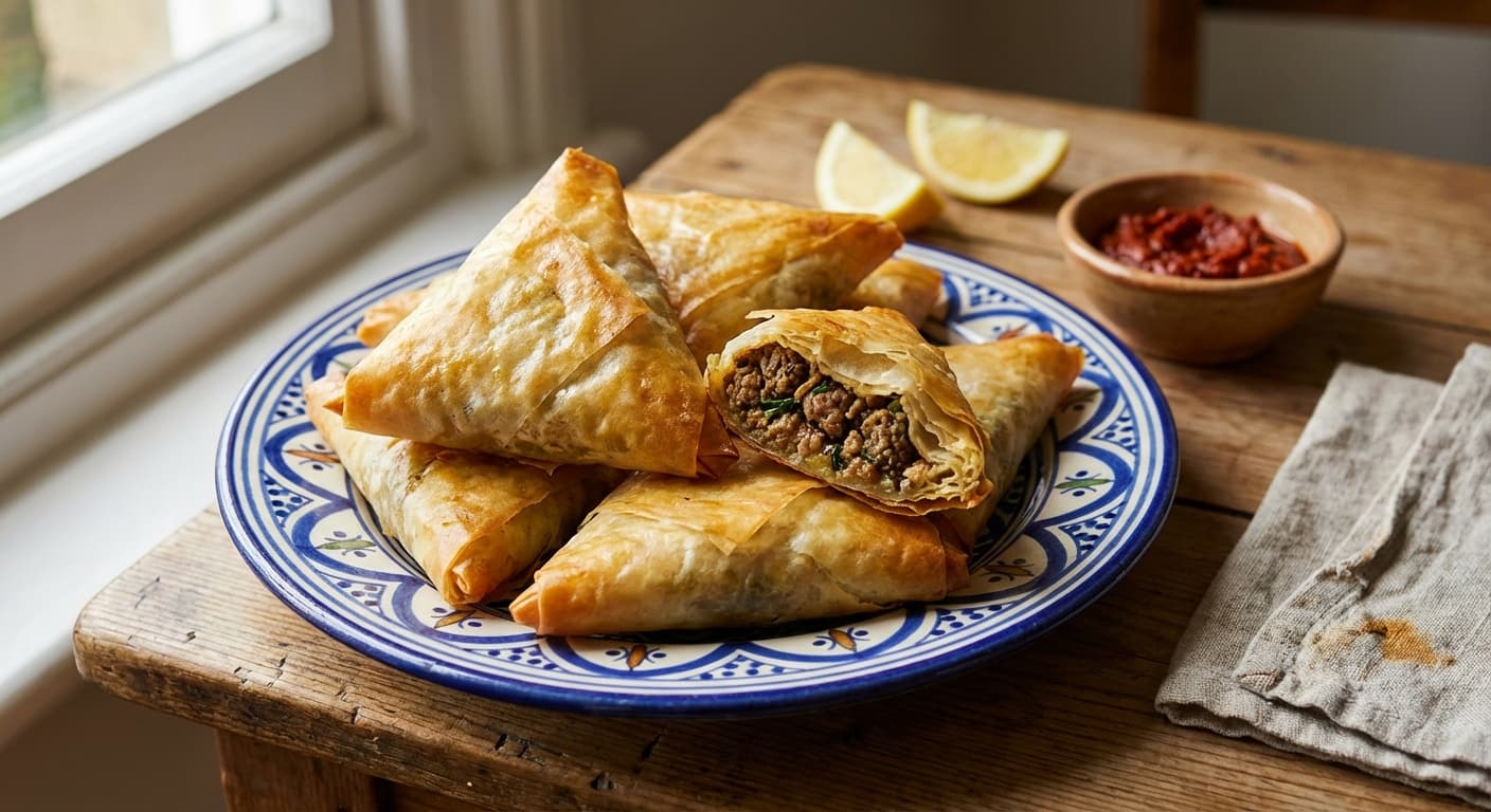 Briouats — Moroccan Crispy Phyllo Triangles with Spiced Lamb - authentic moroccan recipe