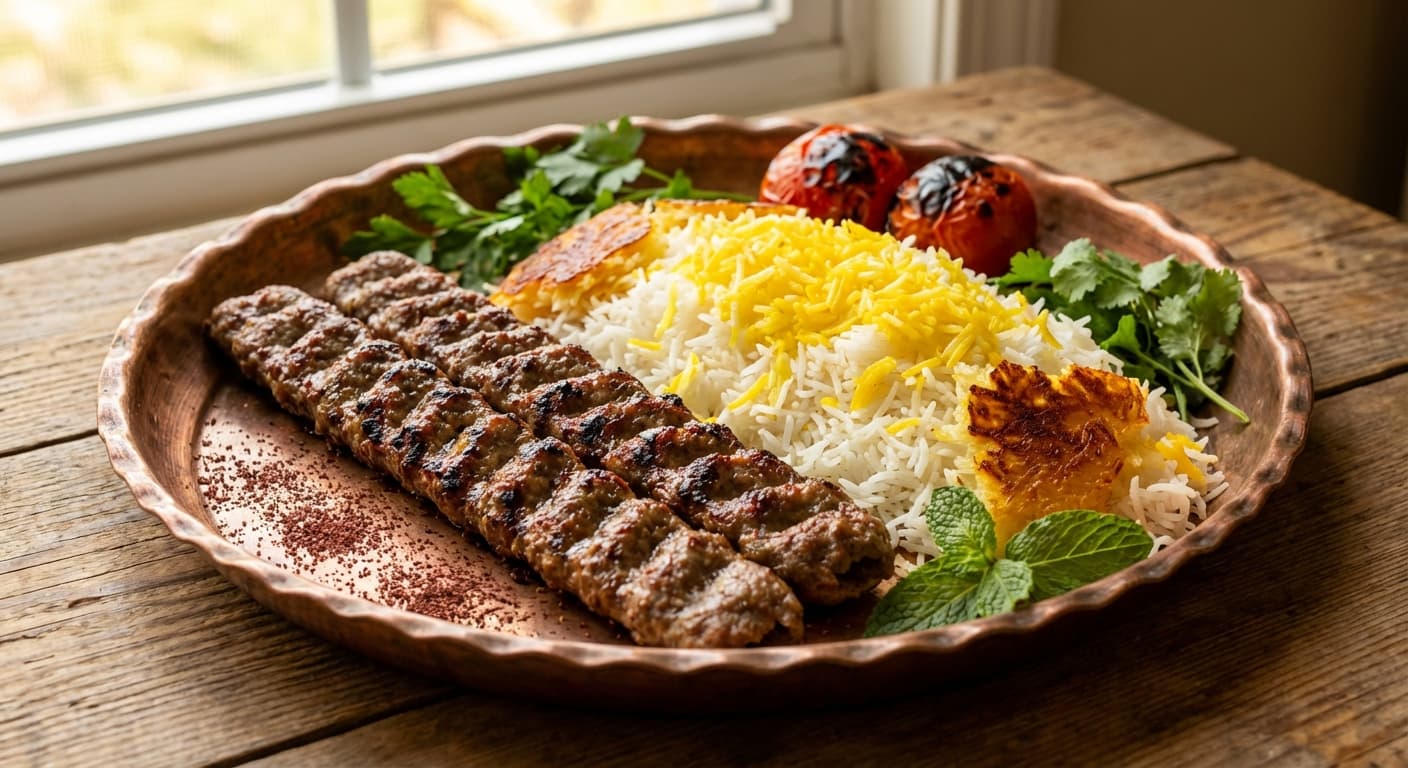 Chelo Kebab Koobideh — Persian Minced Meat Skewers with Saffron Rice - authentic persian recipe