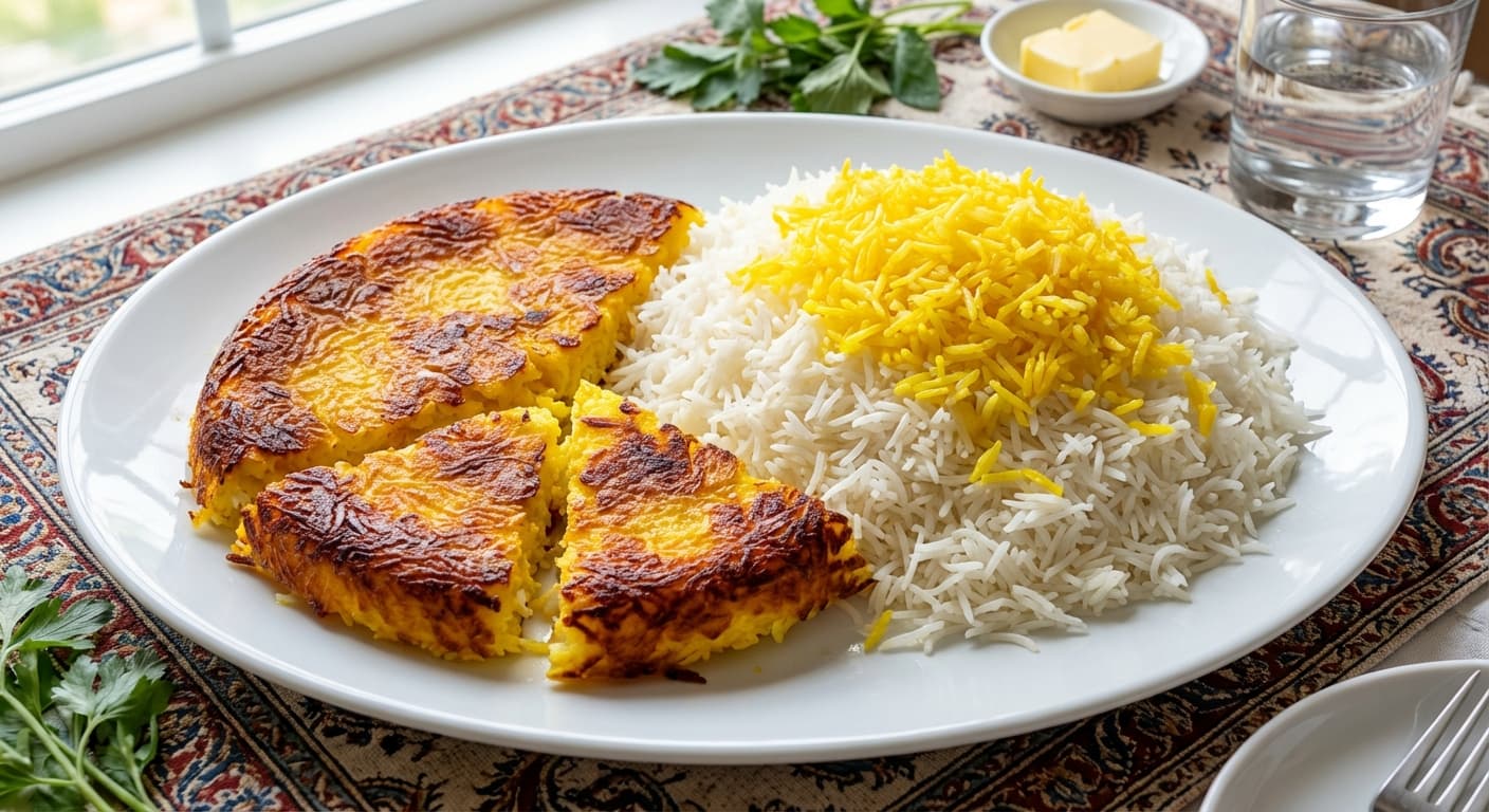 Chelow - e Sadeh - Golden Persian Steamed Rice with Saffron Yogurt Tahdig - authentic persian recipe