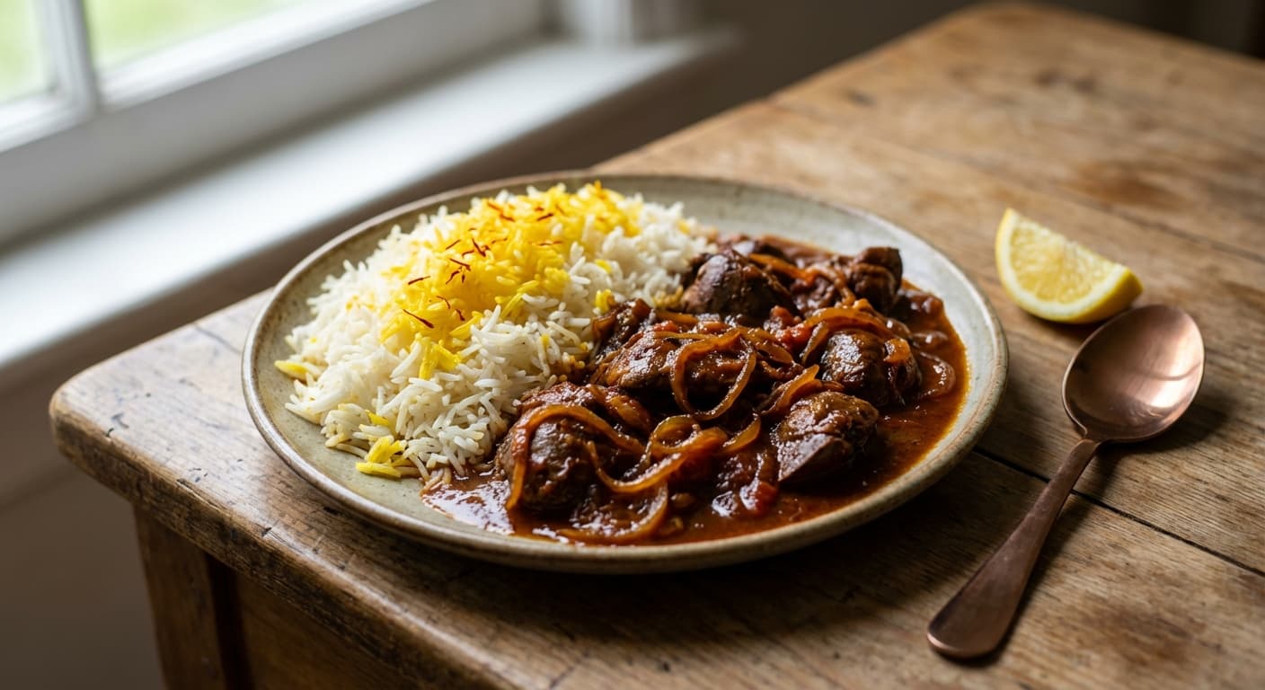 Chelow Khoresht Jegar Morgh — Persian Chicken Liver Stew with Saffron Rice - authentic persian recipe