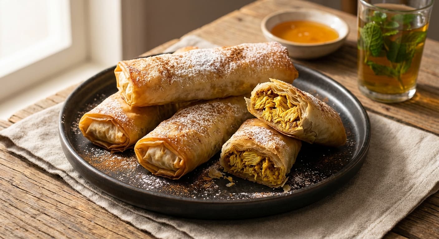 Chicken Pastilla Filo Rolls — Moroccan Crispy Chicken and Almond Rolls - authentic moroccan recipe