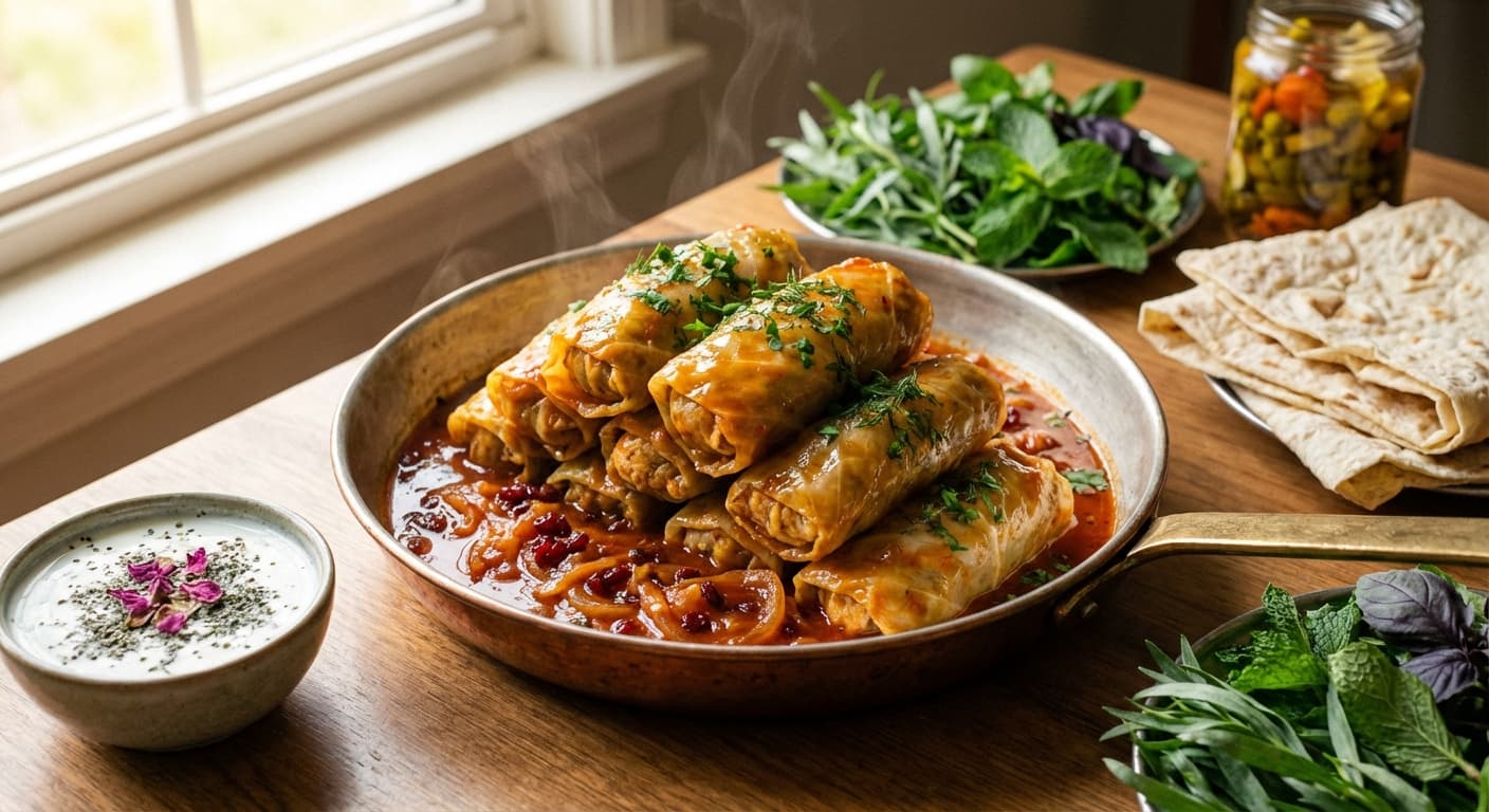 Chicken Stuffed Cabbage Rolls — Herb-Scented Persian Dolmeh in Tomato Saffron Sauce - authentic persian recipe