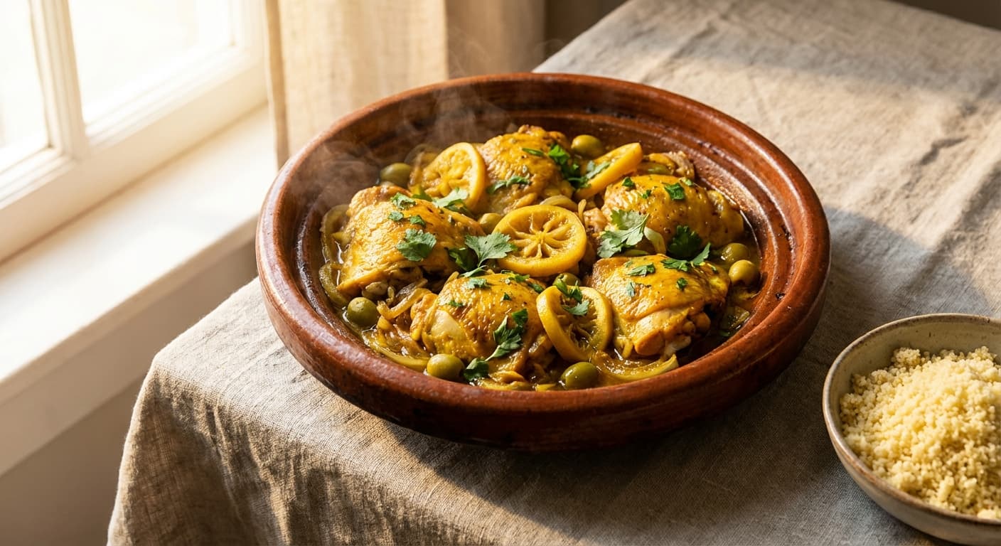 Chicken Tagine with Preserved Lemons and Olives — Moroccan Slow-Cooked Chicken with Bright Citrus and Briny Olives - authentic moroccan recipe